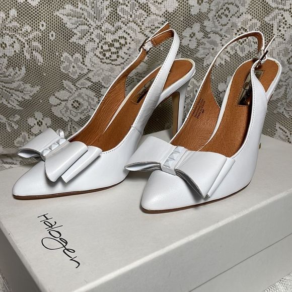 Halogen “Lila” Studded Bow White Leather Sling-Back Pumps - Size 4M - Picture 3 of 14